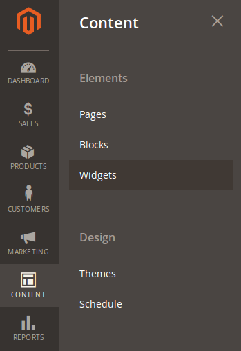 Menú de Widgets en Magento2