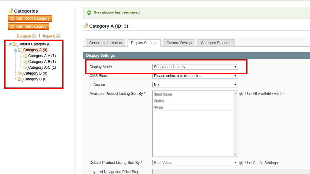 Configuración de visualización de categorías con SubCatMode en Magento