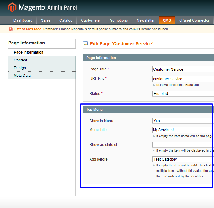 CmsMenu para Magento