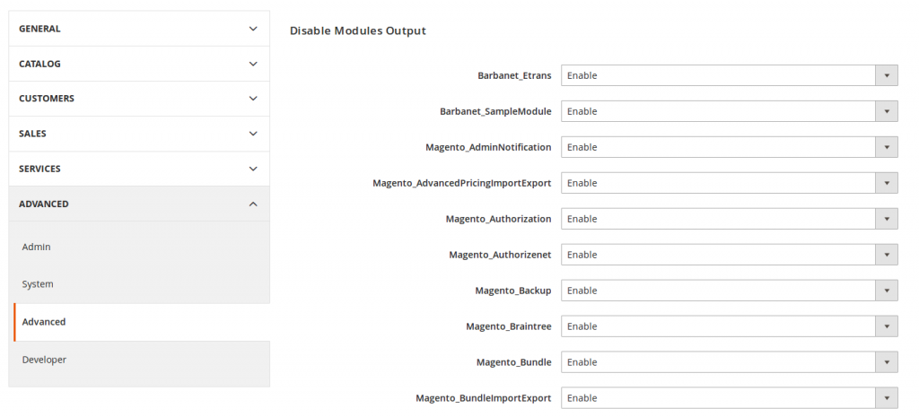 Listado de módulos instalados en Magento2