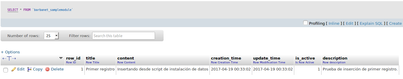 Registros insertados con el script de instalación