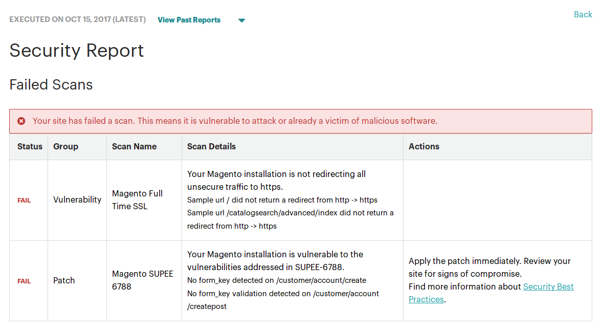 Reporte de Magento Security Scan