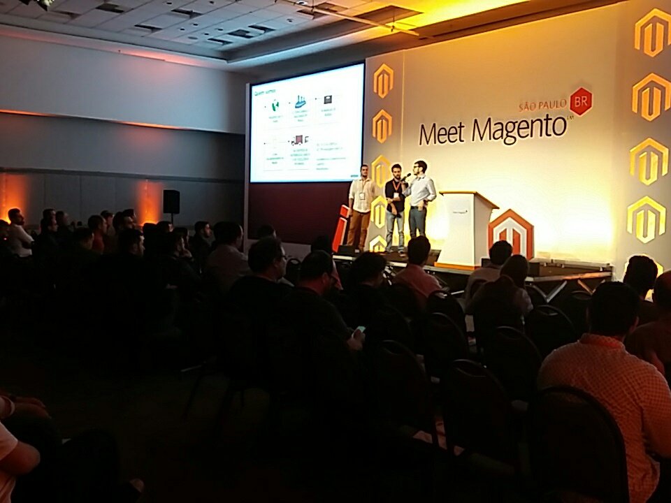 Renato Leal, Lucas Oliveira Marujo y Rafael Luiz Mota de Oliveira en el Meet Magento Brazil 2017