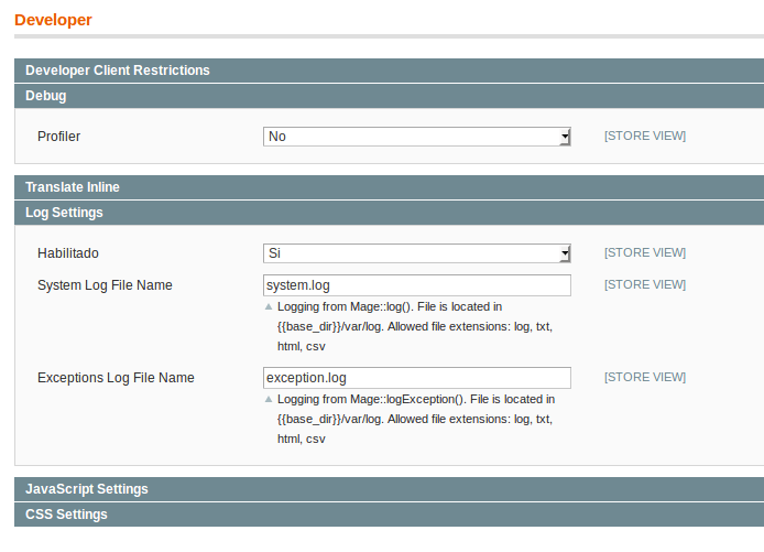 Configuración de logs en Magento 1.9.3.7