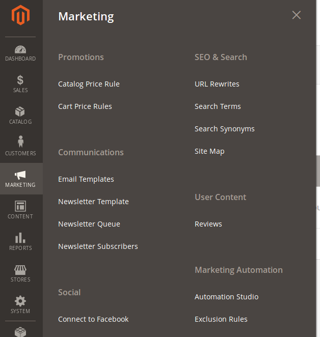 Menu Marketing en Magento 2.2.2