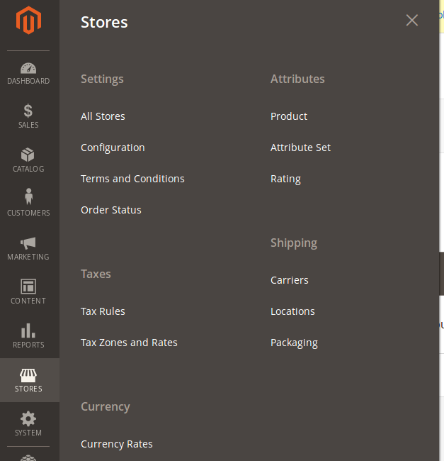 Menu Stores en Magento 2.2.2