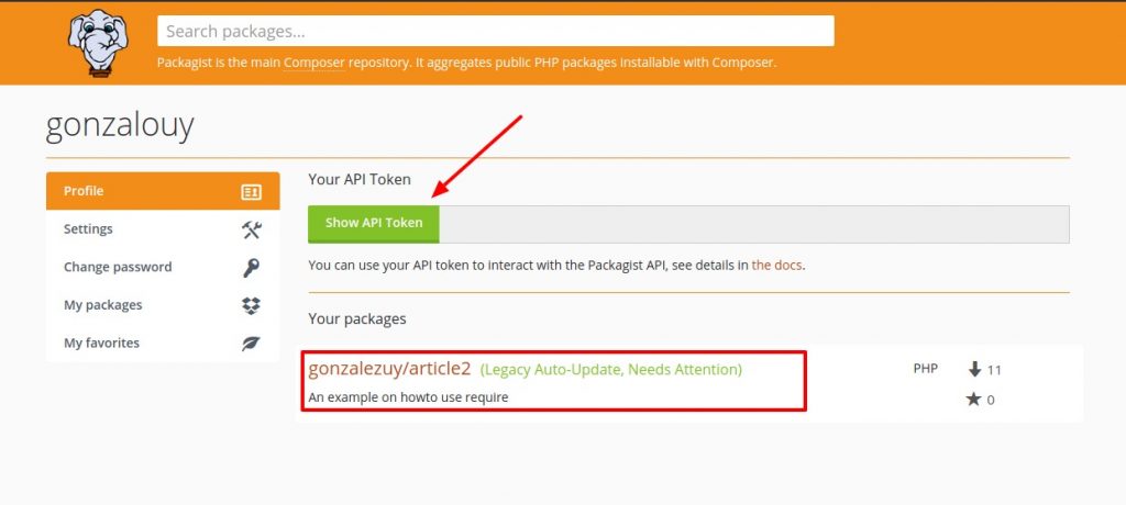 Configuración del perfil de usuario en Packagist.