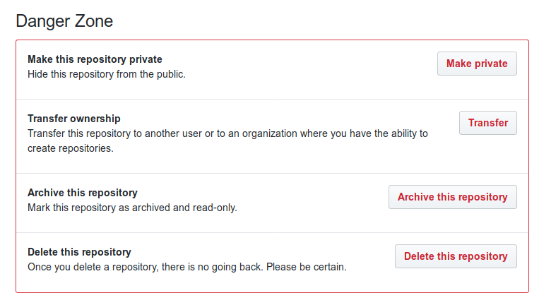 Danger Zone en las opciones de configuración de un repositorio en GitHub,
