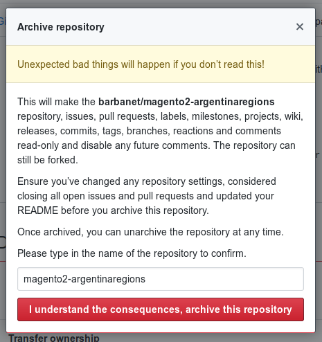 Confirmación de archivado de repositorio en GitHub.