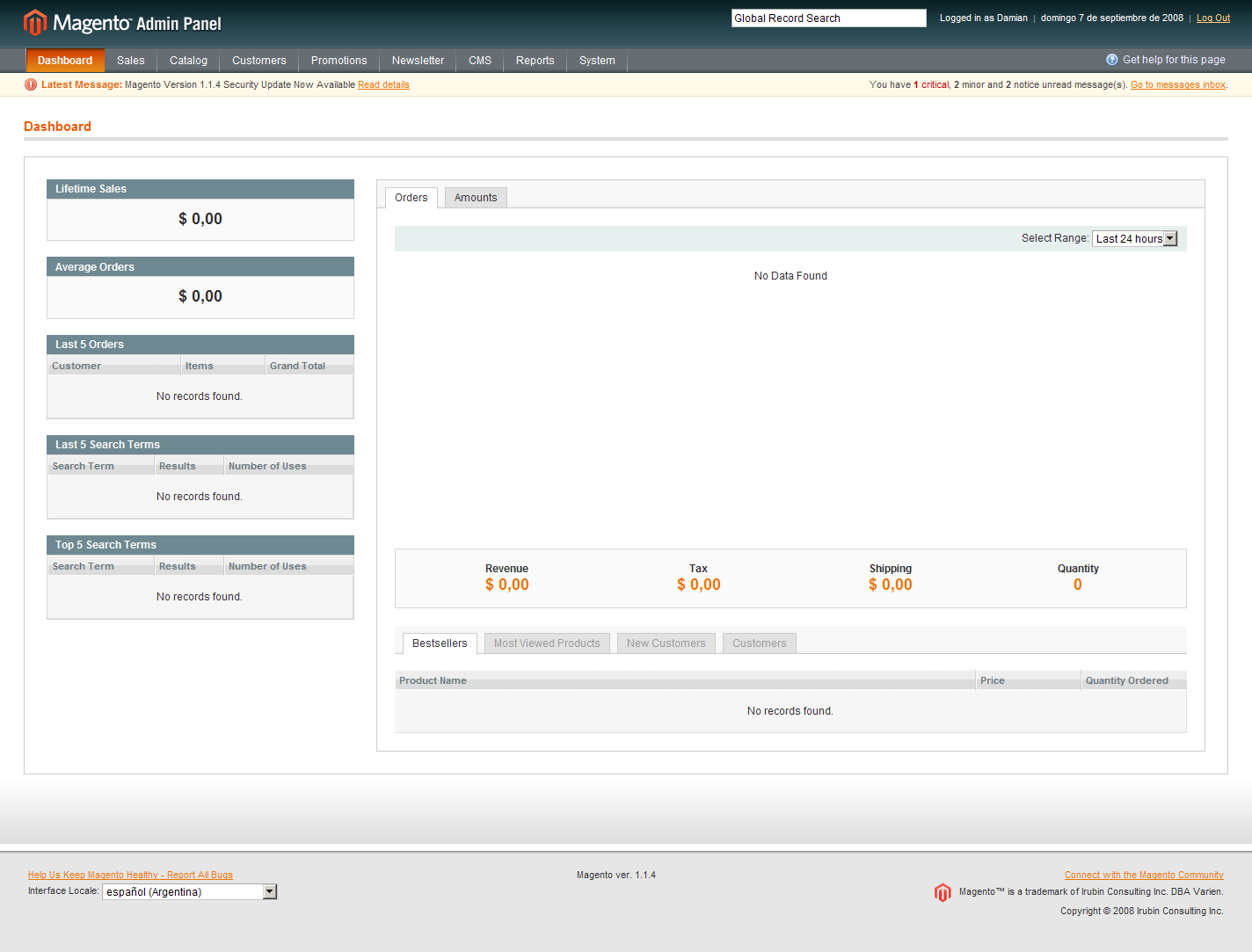 Panel principal del backend